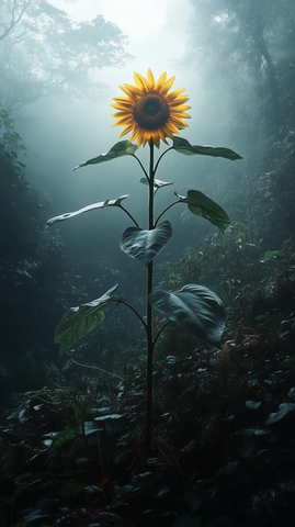 森林中的向日葵与孤独树