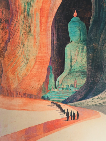 大佛雕像前有一行人行走的场景