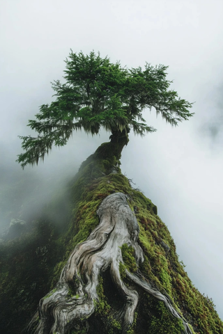 苔藓覆盖的古树与雾气森林