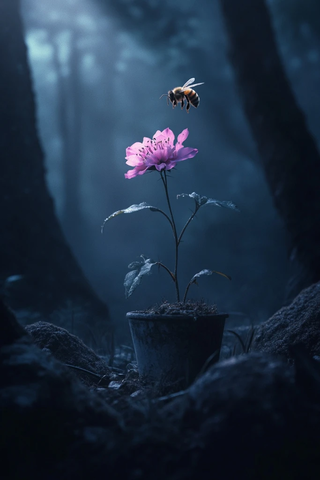 暗林中花盆粉花蜜蜂