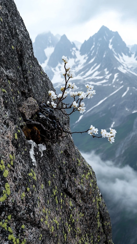 悬崖孤枝绿芽白花