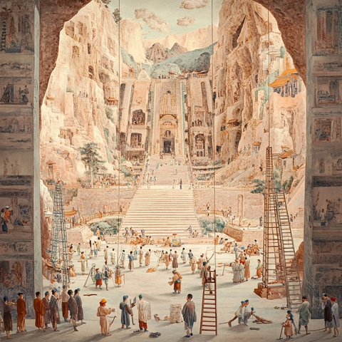 古代工匠在石窟中集体劳作场景