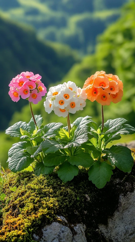 球形仙女报春花绿叶背景