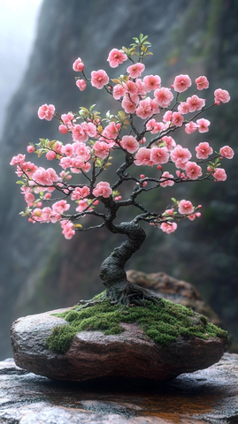 粉色白花盆景石上生长