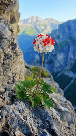 红花岩缝绽放绿叶映悬崖