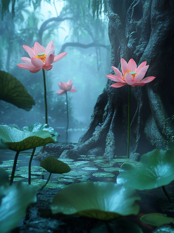 古树水莲与羽毛叶