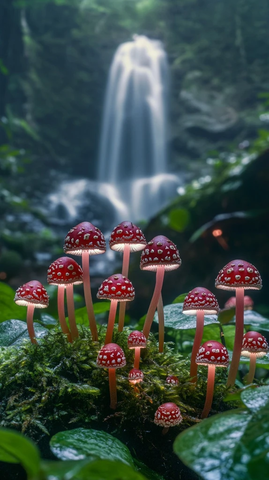 蘑菇红斑立叶瀑布森林