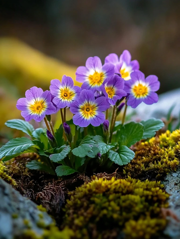 堇色报春花与苔藓岩石