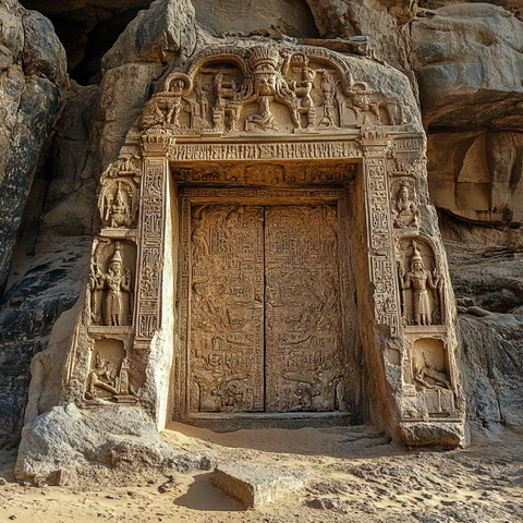 刻有象形文字和人像的古老石门