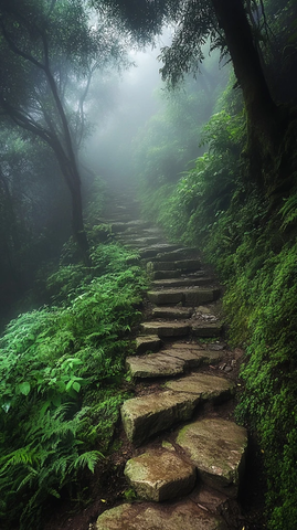 石阶小径穿行茂密树林