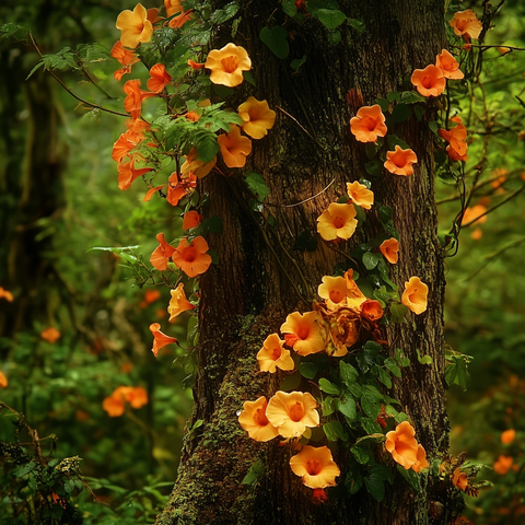 野生喇叭藤缠绕树干