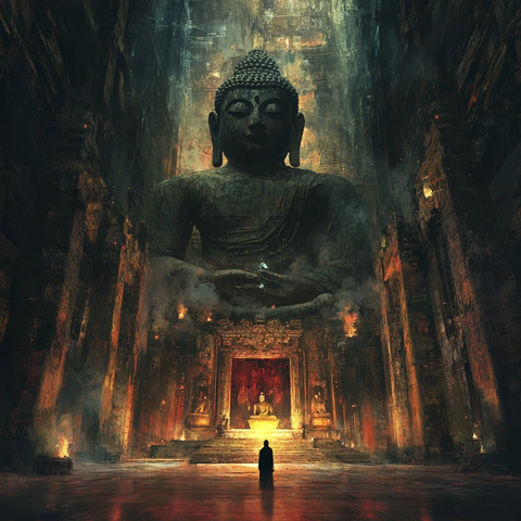 古寺庙内一尊大佛前站着一个人的景象