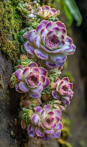 紫白相间挂在苔藓墙