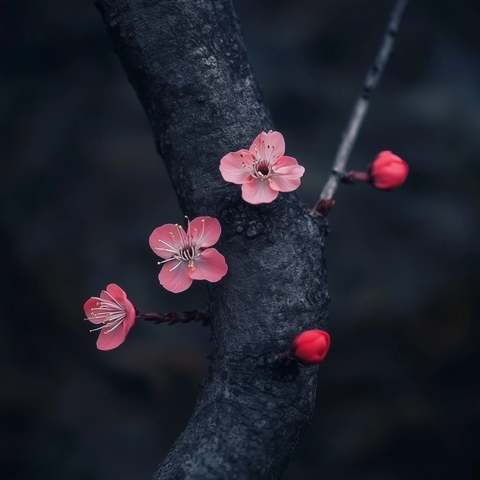 粉红梅花树干上盛开