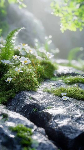 苔藓石板与花草森林