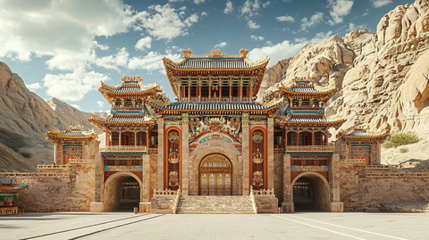 壮观的中式古建筑屹立于山谷之间