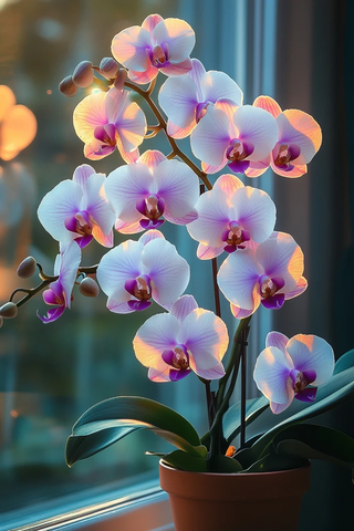 白色紫色兰花窗边盆栽