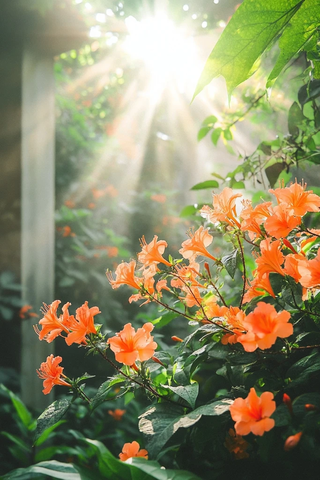 阳光透过橙花绿叶古庭院