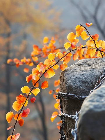 秋叶黄棉木红橙透亮