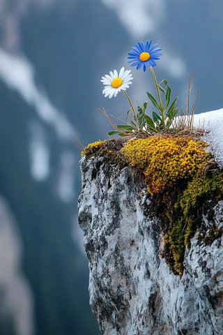悬崖缝隙中的双色雏菊