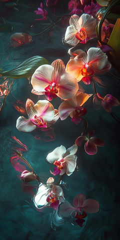 神秘灯光下散落兰花螳螂