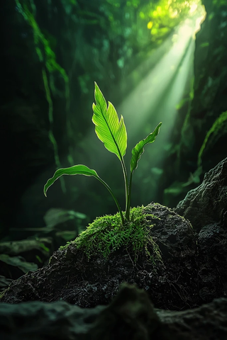 森林绿意中的单株蕨类