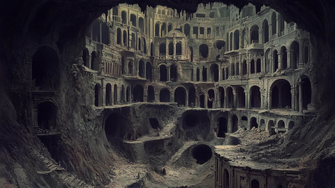 神秘地下洞穴中的古老废墟建筑景观