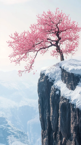 粉红梅花树雪崖边缘