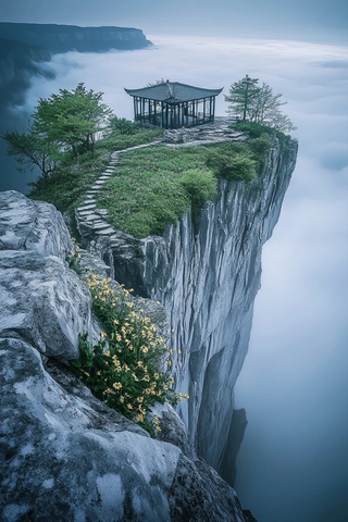 悬崖峭壁悬浮石梯