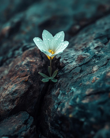 花朵岩缝中绽放露珠晶莹