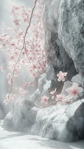 灰白岩壁与桃花洞口