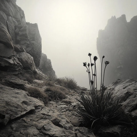 岩石环绕的孤草与薄雾