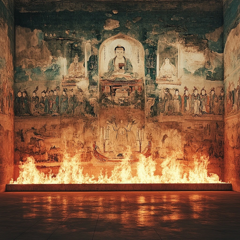 室内壁画前熊熊燃烧的火焰场景