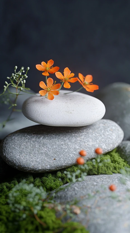 石头苔藓野花组合