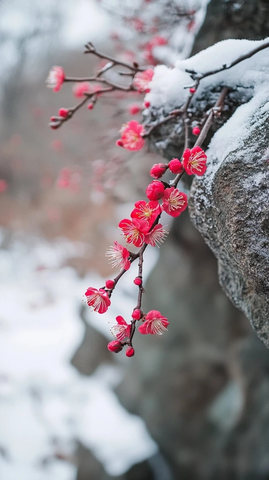 雪地红梅枝繁花茂