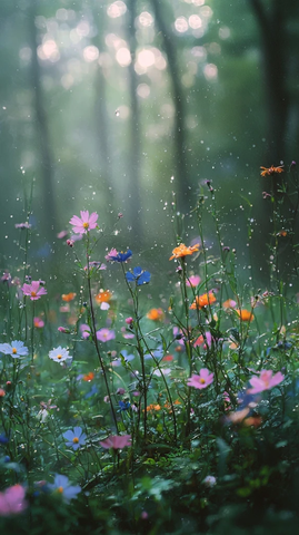 森林野花晨光露珠