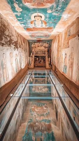 带有精美壁画的古代洞窟内部景象