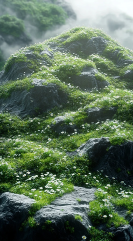 草地山坡白色边框石头平台