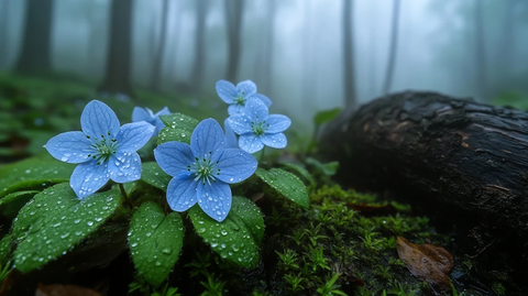 蓝色四叶花与苔藓森林