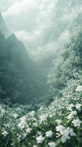 灰绿石山与花海静景