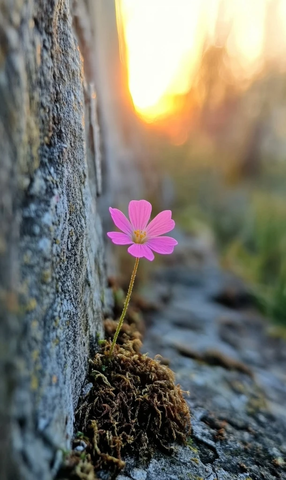 墙缝中的小粉花与青苔