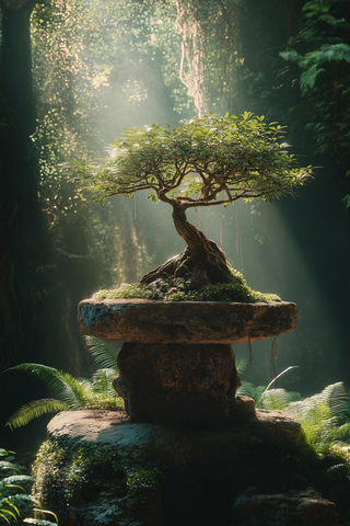 榕树盆景与森林光影