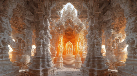 精美雕刻的神秘古寺庙建筑内部全景