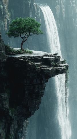悬崖孤树瀑布景