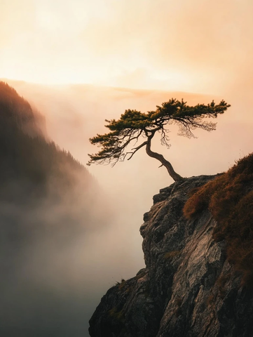 风中孤松雾峡晨曦