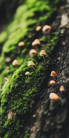 树皮上的苔藓和蘑菇