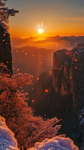 红日升起金光照耀山脉