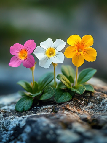 岩石上的三朵报春花