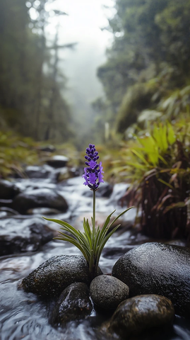 紫色薰衣草盛开溪边石缝间