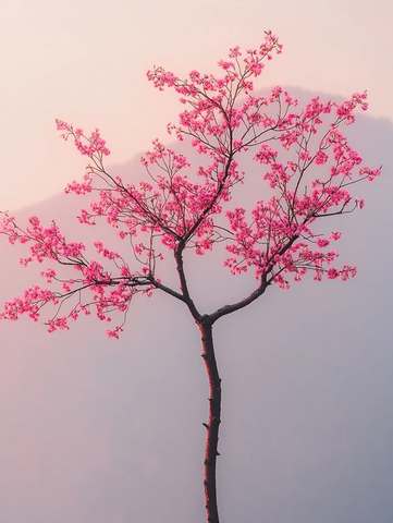 晨光中的小樱树与盛开的花